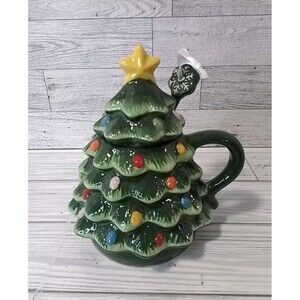 Mr. Christmas Mug With Lid And Spoon. Christmas Tree Shape. 7" Tall.